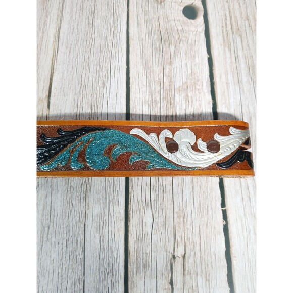 Roris Painted Beltz Hand Painted Black and Blue Leather Belt No Buckle 35\